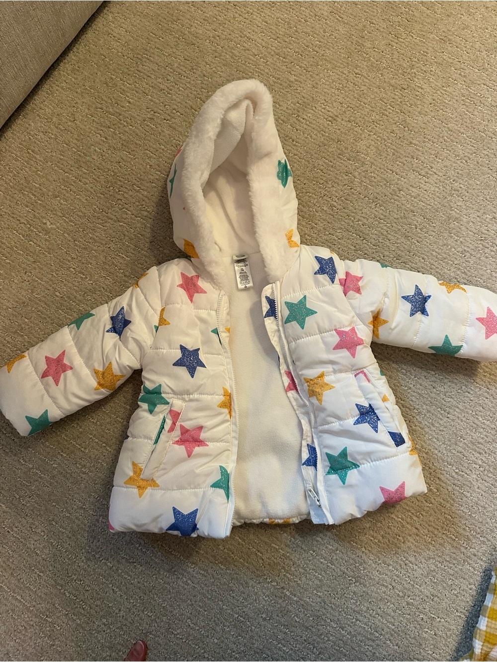 Little Me White Hooded Puffer Jacket with Multicolor Star Print
